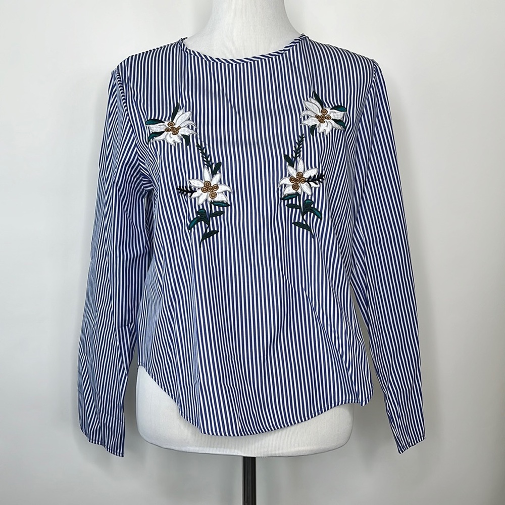 ZARA BASIC Collection Stipe Botanical Long Sleeve Blouse